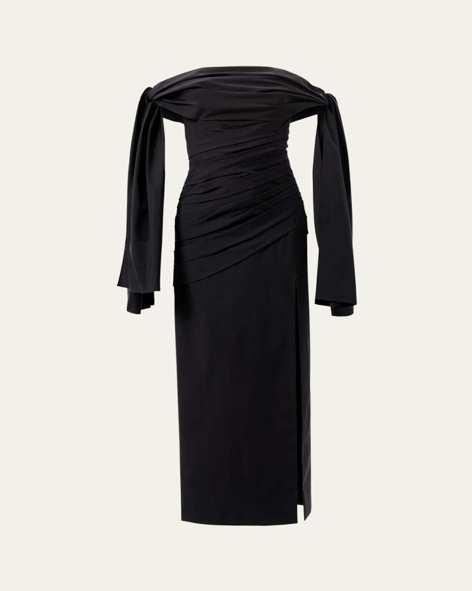 Off-Shoulder Tie Draped Midi Dress